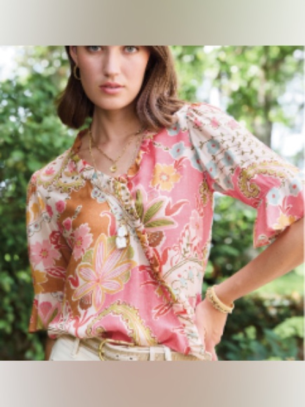 Spartina 449 Elsie Blouse XL Mercer House Paisley Faux Wrap Puff Sleeve Women XL